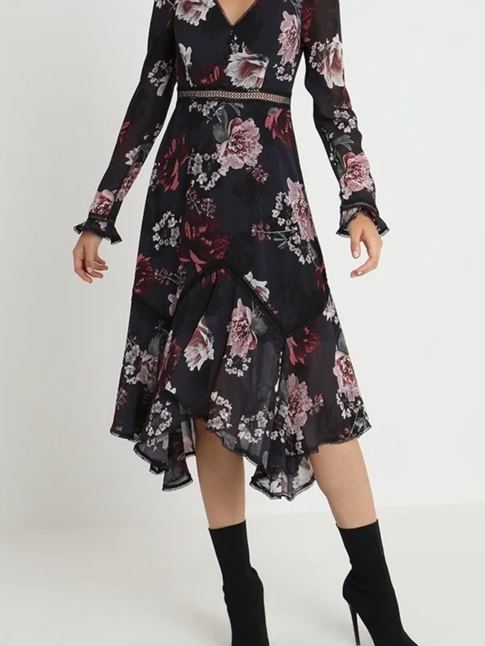 Ever New Black Floral Midi Dress with Pink and Burgundy Blooms